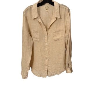 Lilly Pulitzer Sea View Tan Linen Button Down Shirt L/S Top Size L Excellent